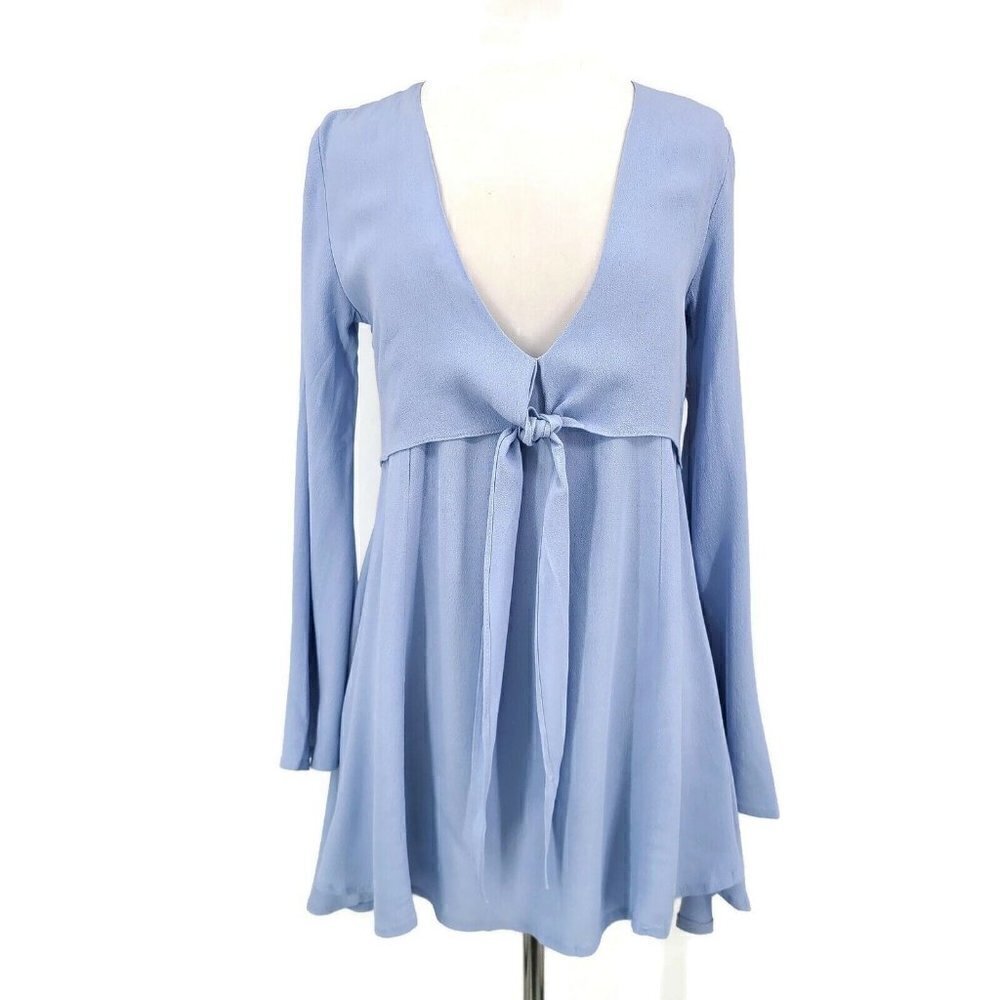 New Flynn Skye London Mini Dress Womens S Solid Blue Bell Sleeves Rayon
